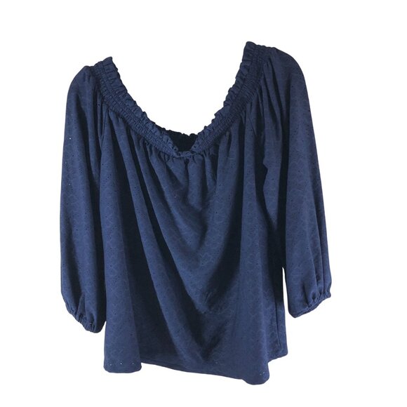 Michael Kors Womens Off Shoulder Blouse Eyelet Floral Navy Blue L - Picture 2 of 4